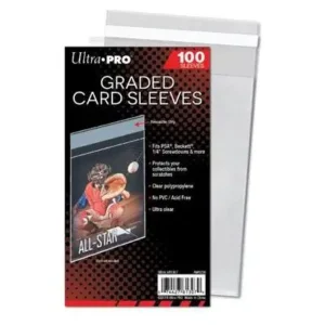 Ultra Pro Graded Card Sleeves Resealable (100 Sleeves) Ultraheldere sleeve van archiefkwaliteit, ideaal voor PSA-, Beckett- en 1/4"-schroeven. Houdt de kaart en de houder ervan schoon en veilig. Beschermt de kaarthouder tegen krassen. Hersluitbare strip maakt eenvoudig verwijderen mogelijk. 100 stuks per verpakking.