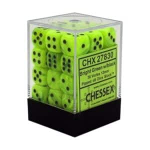27830 Chessex Signature 12mm d6 with pips Dice Blocks (36 Dice) - Vortex Bright Green w/black