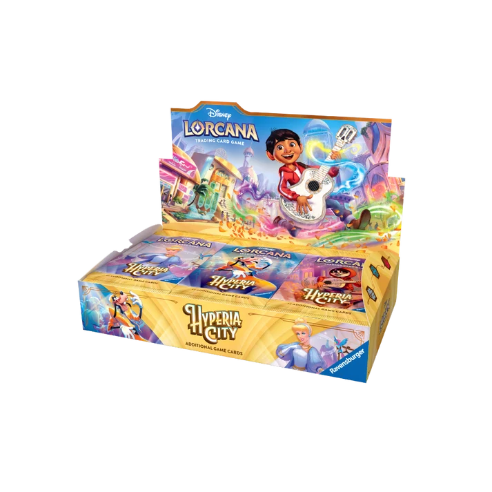 Een Disney Lorcana – Hyperia City-boosterbox bevat 24 boosters